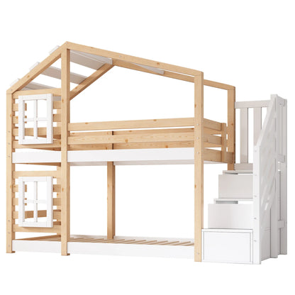 Lit cabane superposé fenêtre avec rangement 90x200 Lilla Kids