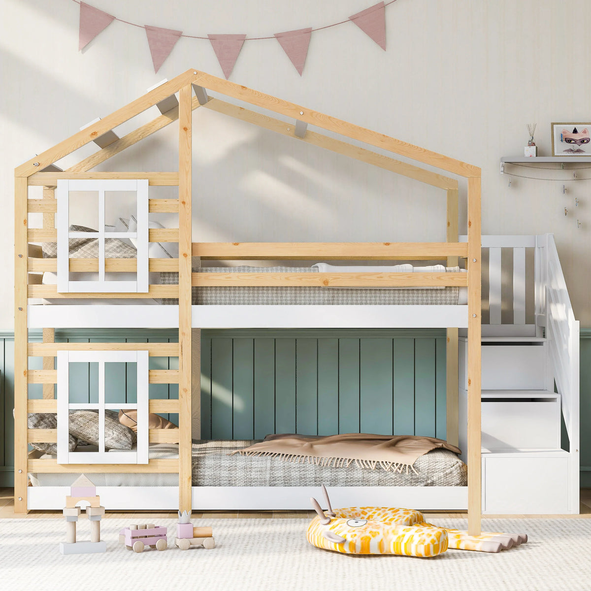 Lit cabane superposé fenêtre avec rangement 90x200 Lilla Kids