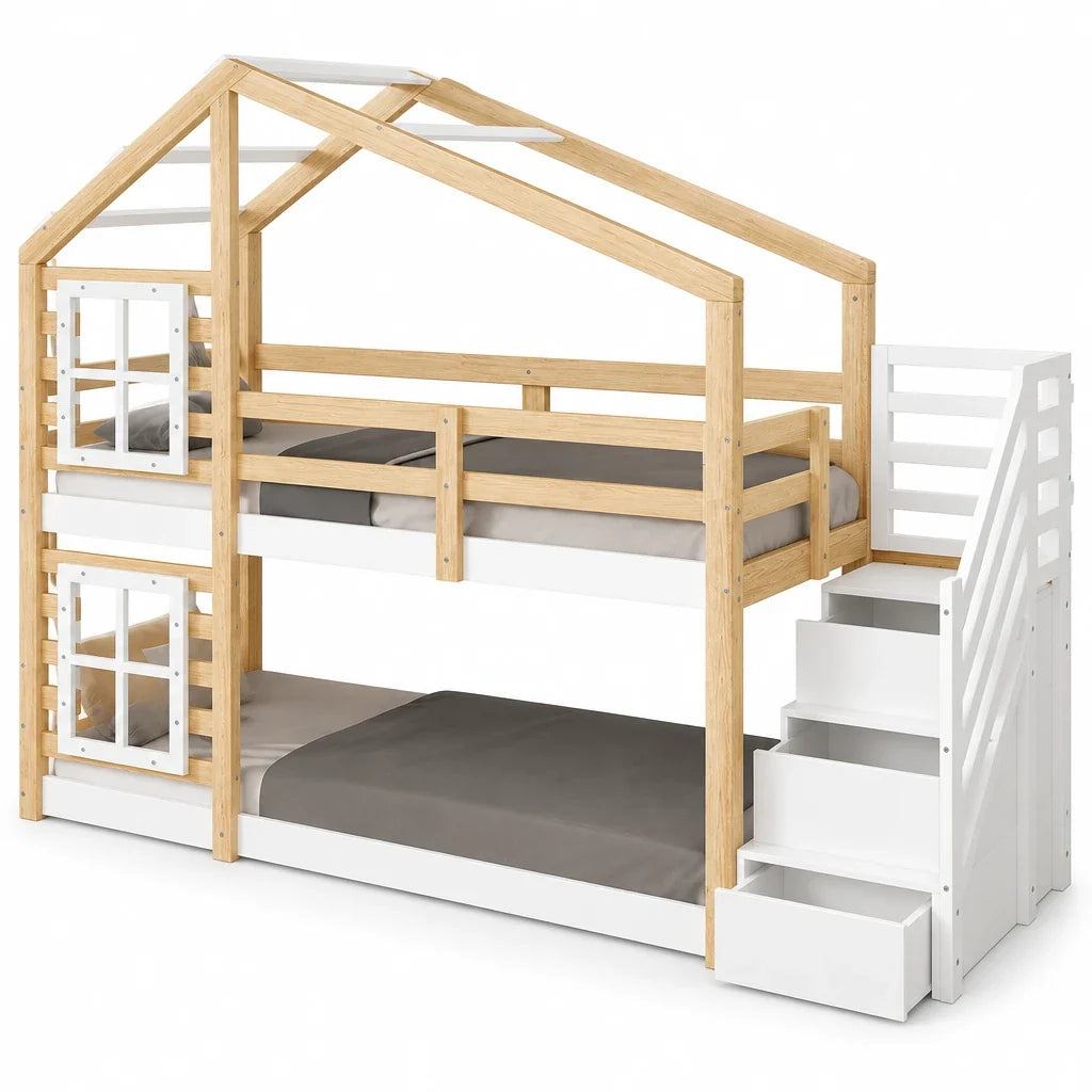 Lit cabane superposé toboggan escalier 90x190 Lilla Kids
