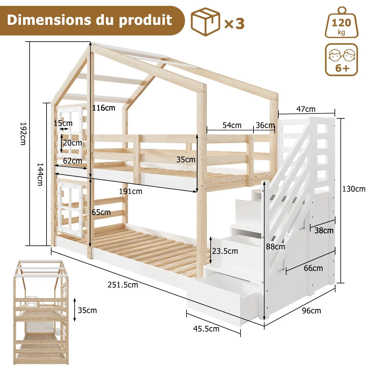 Lit cabane superposé toboggan escalier 90x190 Lilla Kids