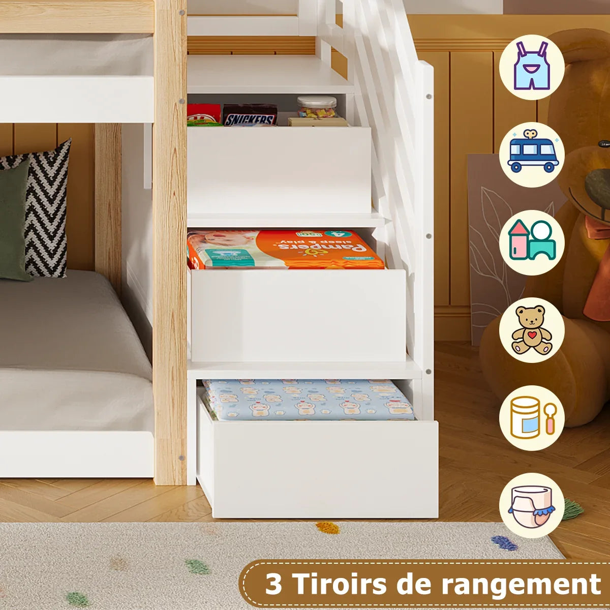 Lit cabane superposé toboggan escalier 90x190 Lilla Kids