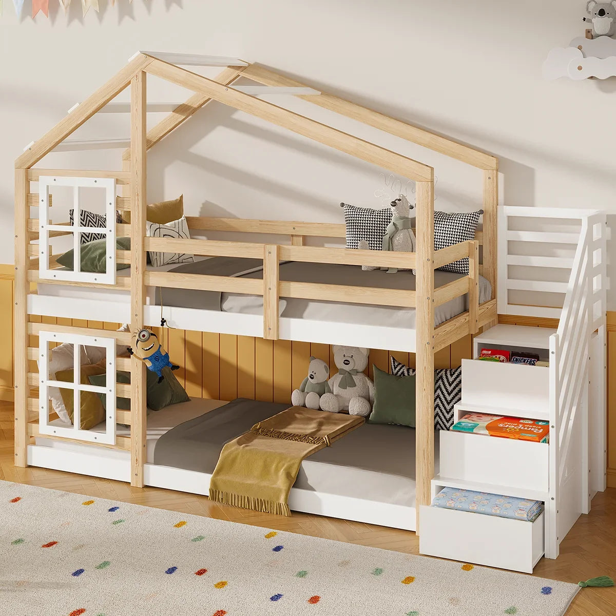 Lit cabane superposé toboggan escalier 90x190 Lilla Kids