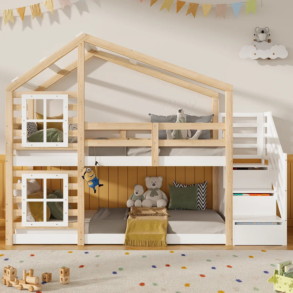 Lit cabane superposé toboggan escalier 90x190 Lilla Kids