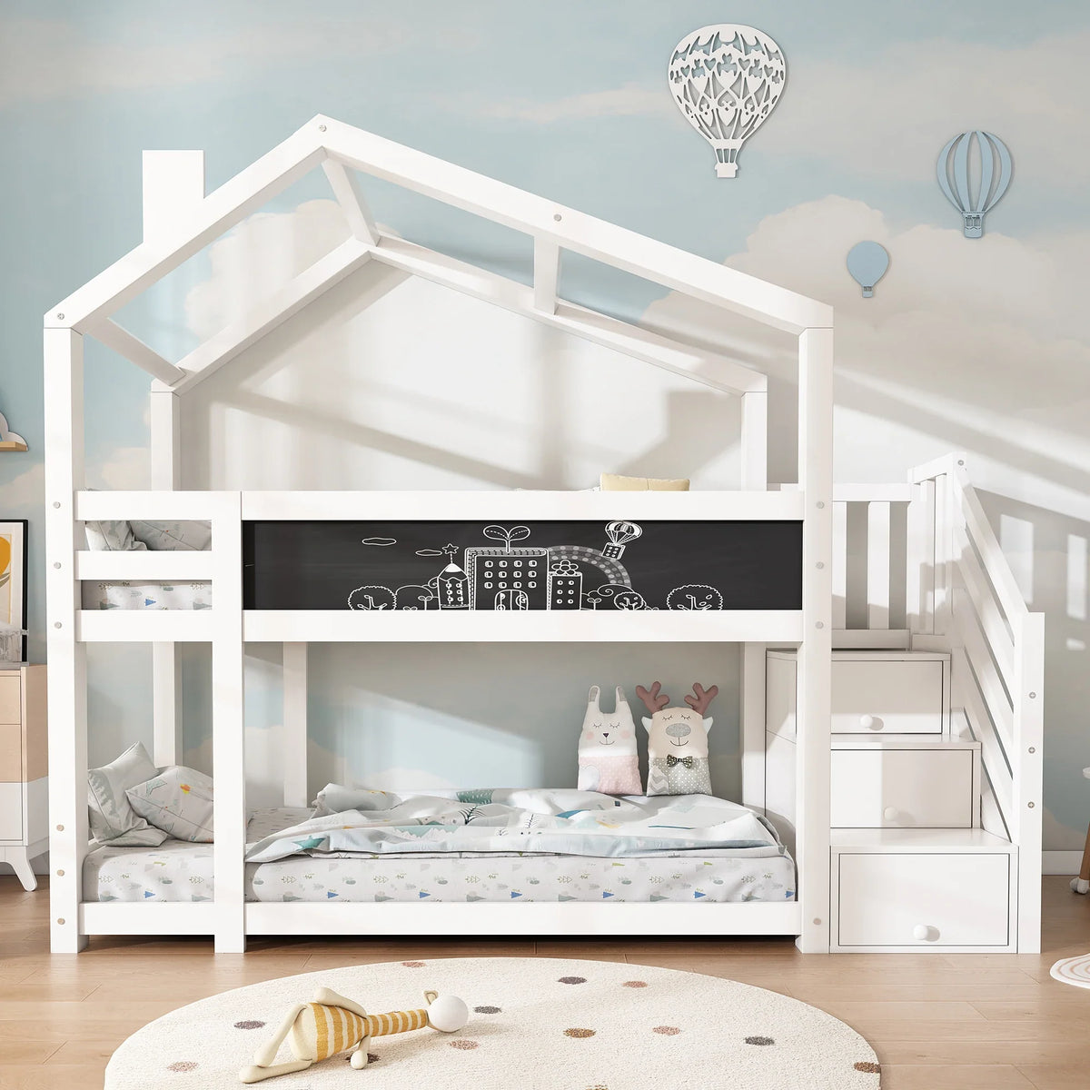 Lit cabane superposé toit avec rangement 90x200 Lilla Kids
