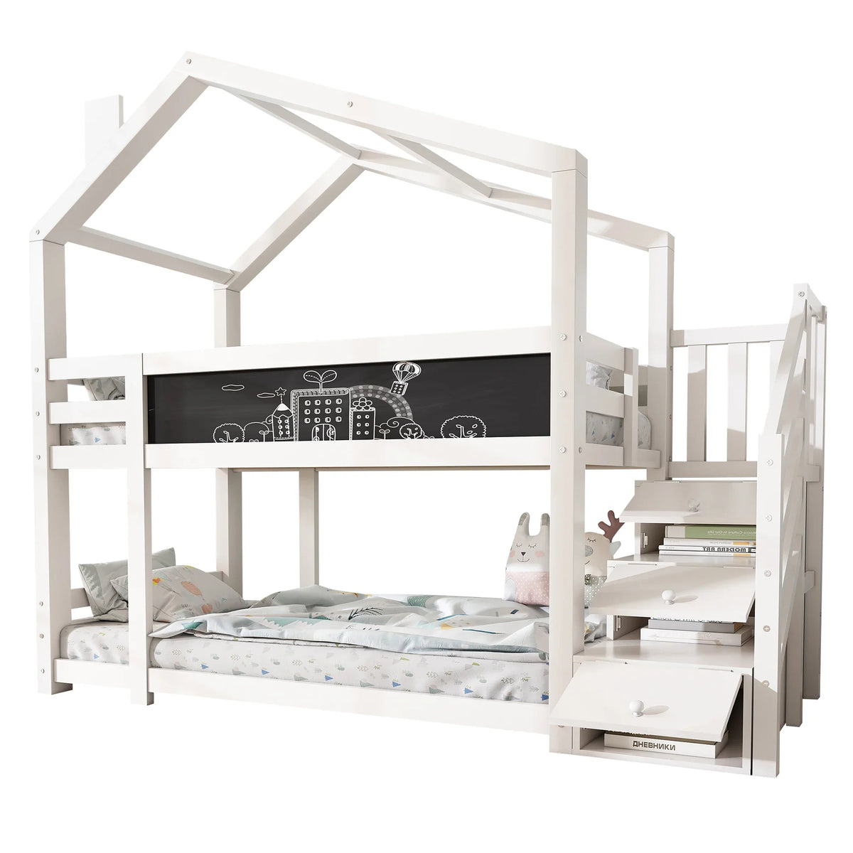 Lit cabane superposé toit avec rangement 90x200 Lilla Kids