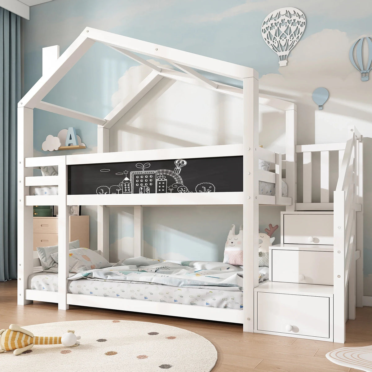 Lit cabane superposé toit avec rangement 90x200 Lilla Kids
