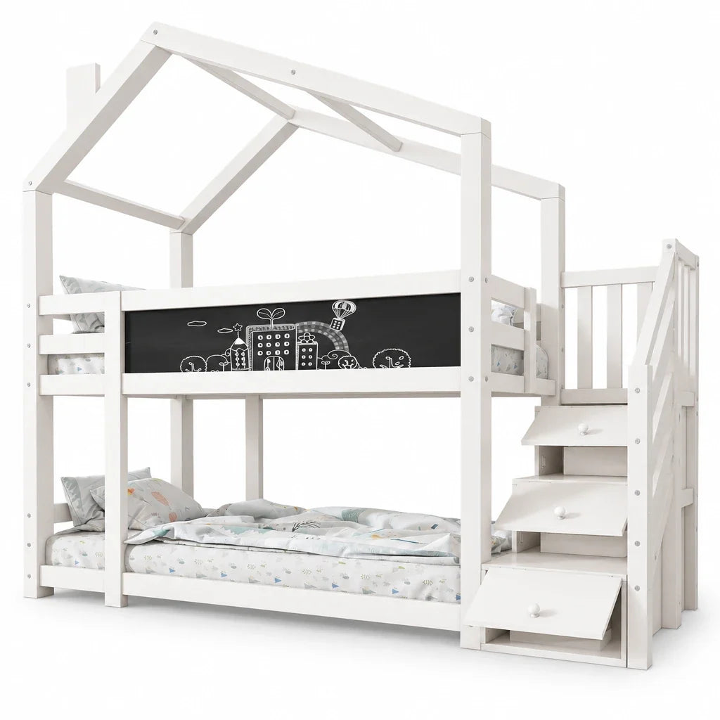 Lit cabane superposé toit avec rangement 90x200 Lilla Kids