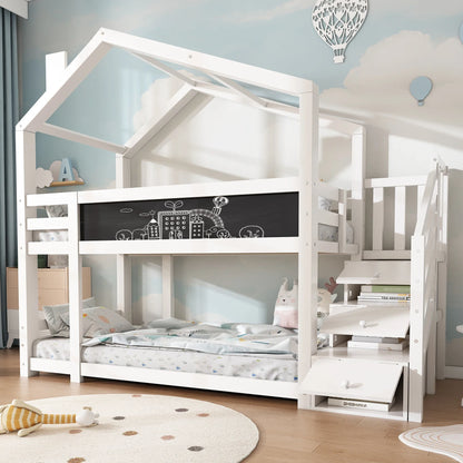 Lit cabane superposé toit avec rangement 90x200 Lilla Kids