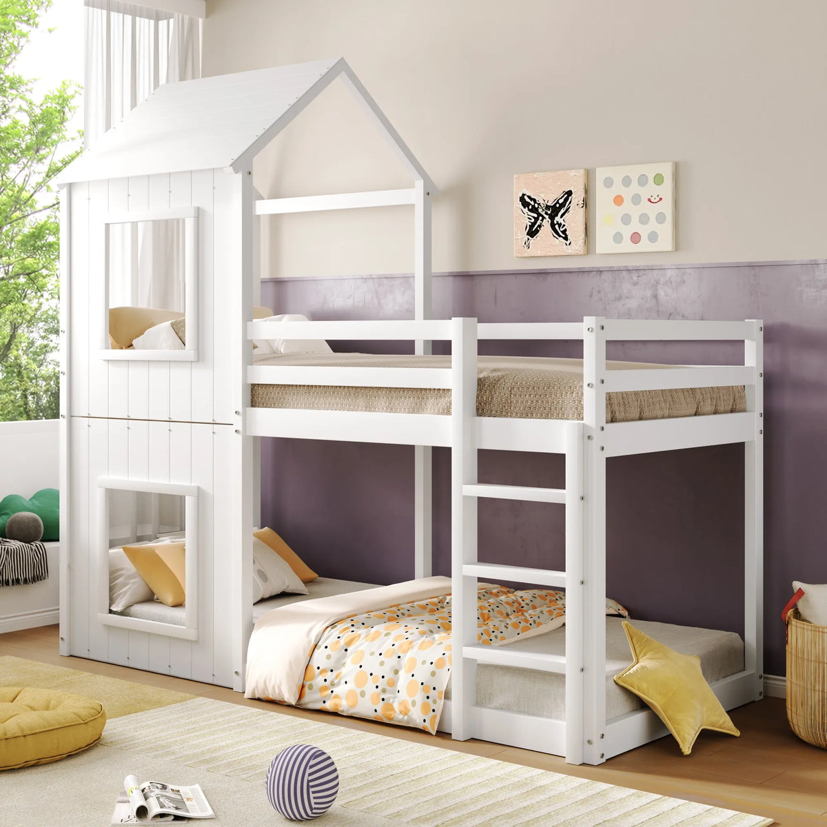 Lit cabane superposé toit fille et garçon 90x200 Lilla Kids