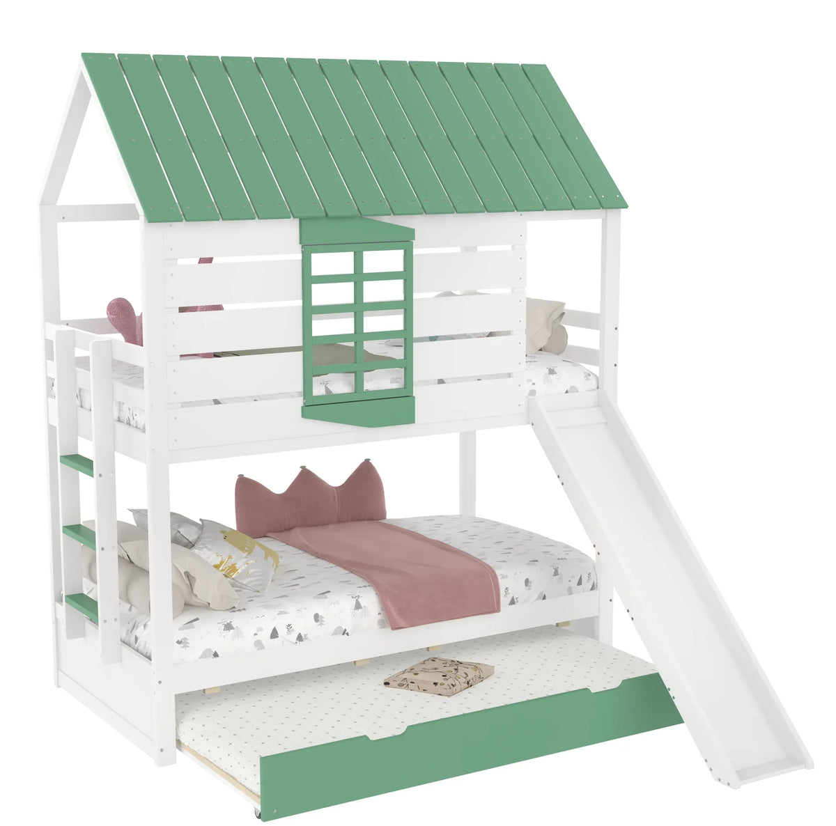 Lit cabane toboggan fenêtre cœur et lit gigogne Lilla Kids