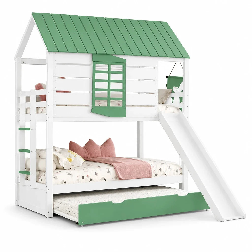 Lit cabane toboggan fenêtre cœur et lit gigogne Lilla Kids