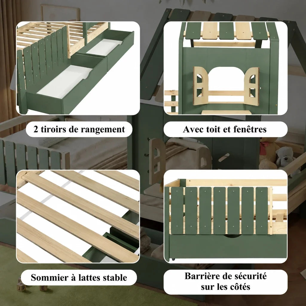 Lit cabane toit fenêtre banc et 2 tiroirs 90x200 Lilla Kids