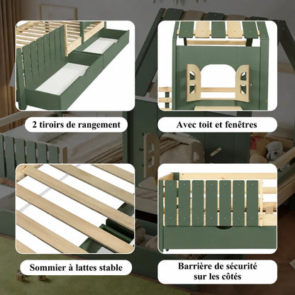 Lit cabane toit fenêtre banc et 2 tiroirs 90x200 Lilla Kids