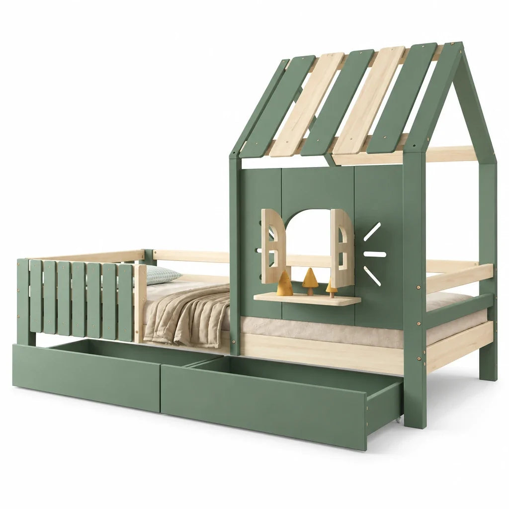 Lit cabane toit fenêtre banc et 2 tiroirs 90x200 Lilla Kids