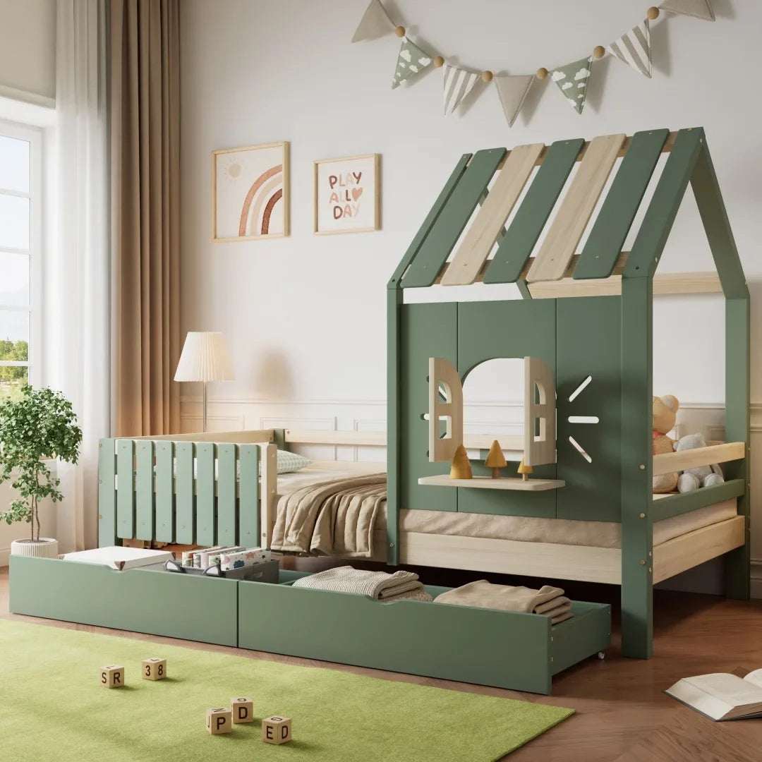 Lit cabane toit fenêtre banc et 2 tiroirs 90x200 Lilla Kids