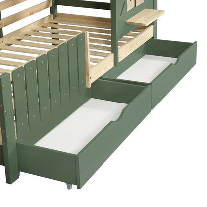 Lit cabane toit fenêtre banc et 2 tiroirs 90x200 Lilla Kids
