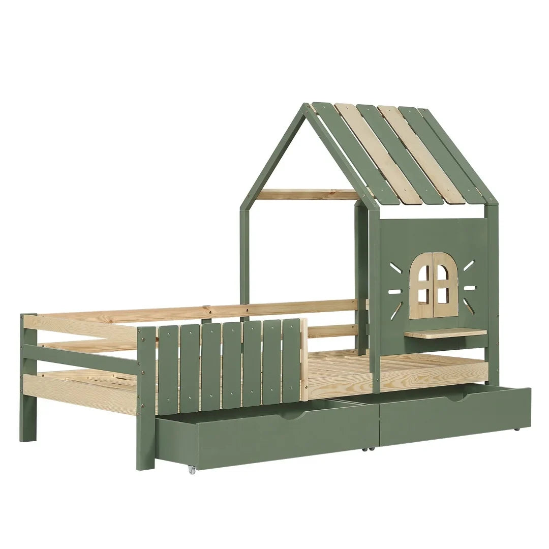 Lit cabane toit fenêtre banc et 2 tiroirs 90x200 Lilla Kids