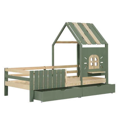 Lit cabane toit fenêtre banc et 2 tiroirs 90x200 Lilla Kids