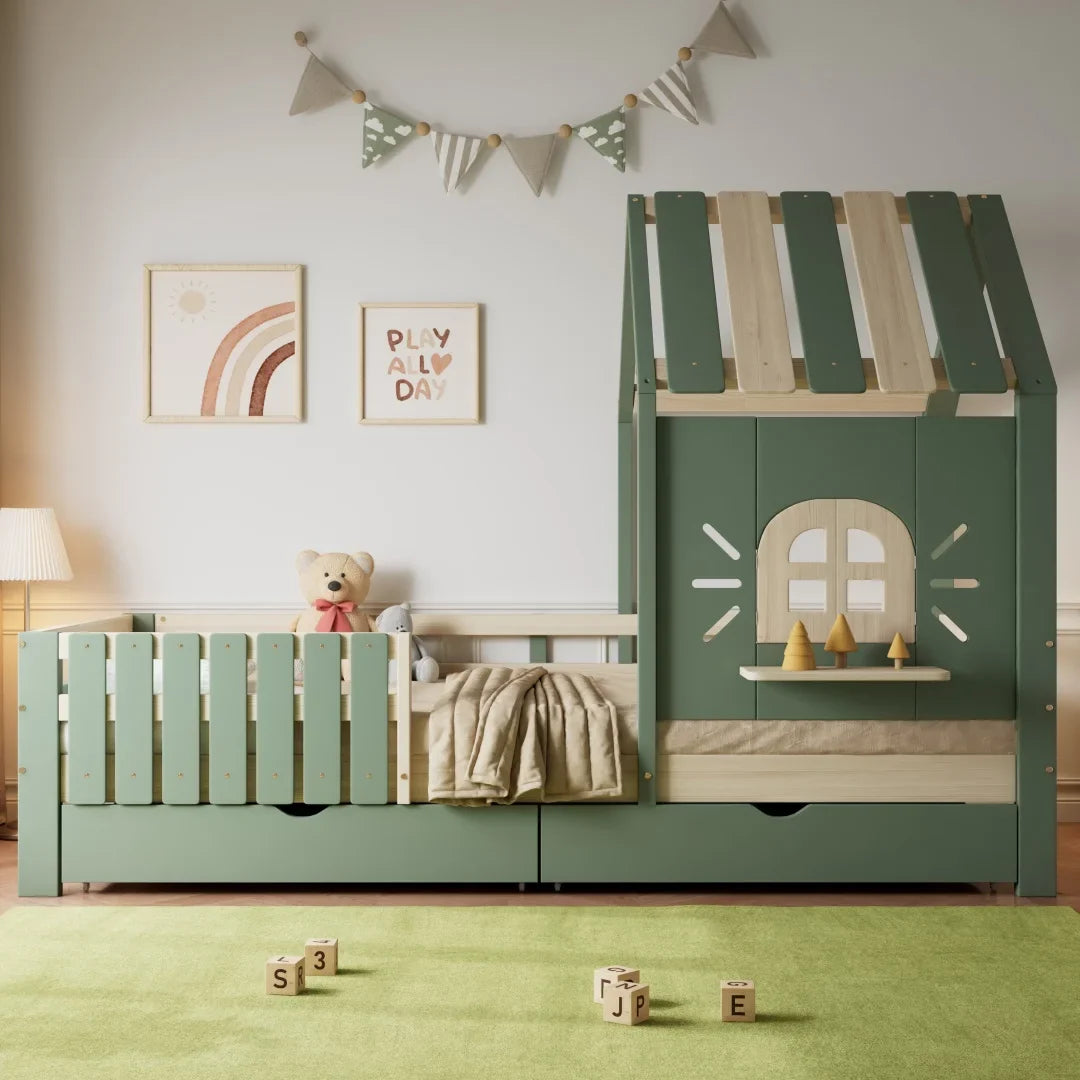 Lit cabane toit fenêtre banc et 2 tiroirs 90x200 Lilla Kids