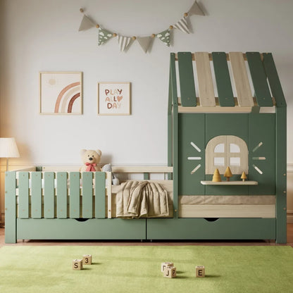 Lit cabane toit fenêtre banc et 2 tiroirs 90x200 Lilla Kids