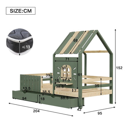 Lit cabane toit fenêtre banc et 2 tiroirs 90x200 Lilla Kids