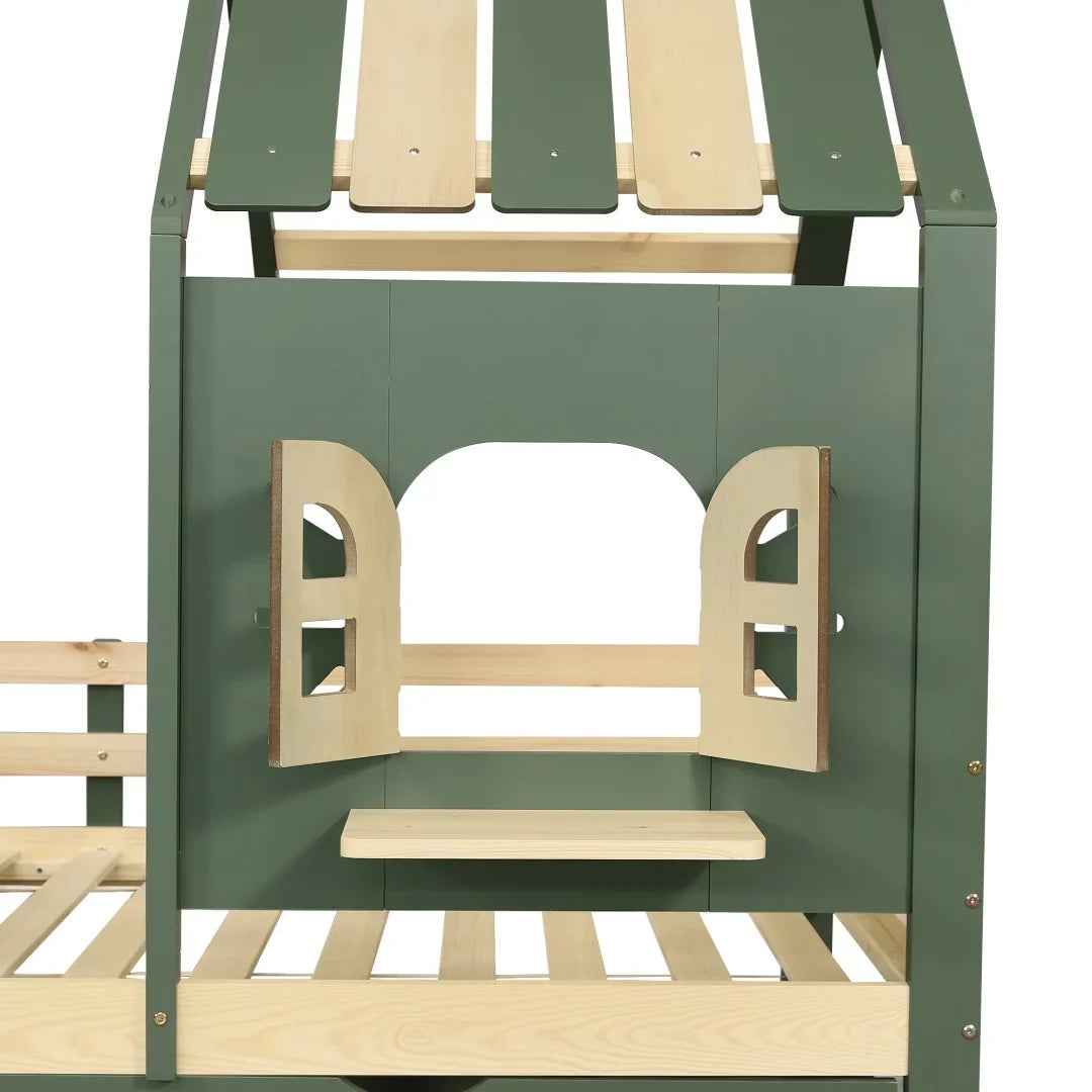 Lit cabane toit fenêtre banc et 2 tiroirs 90x200 Lilla Kids