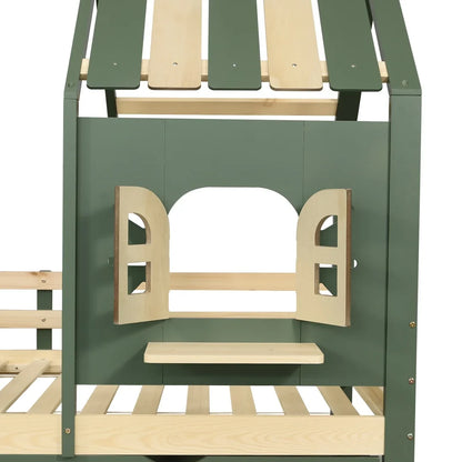 Lit cabane toit fenêtre banc et 2 tiroirs 90x200 Lilla Kids