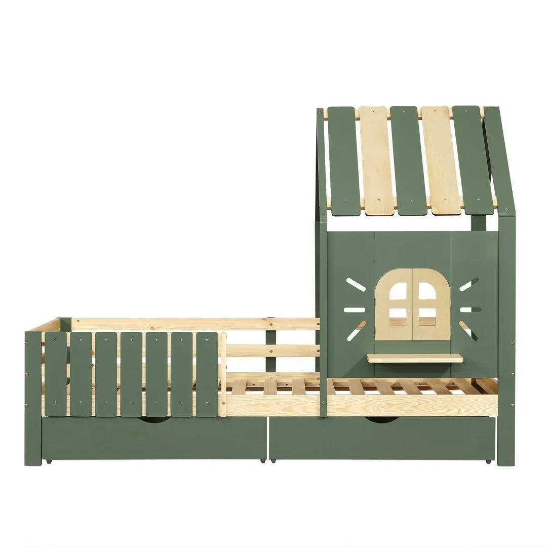 Lit cabane toit fenêtre banc et 2 tiroirs 90x200 Lilla Kids