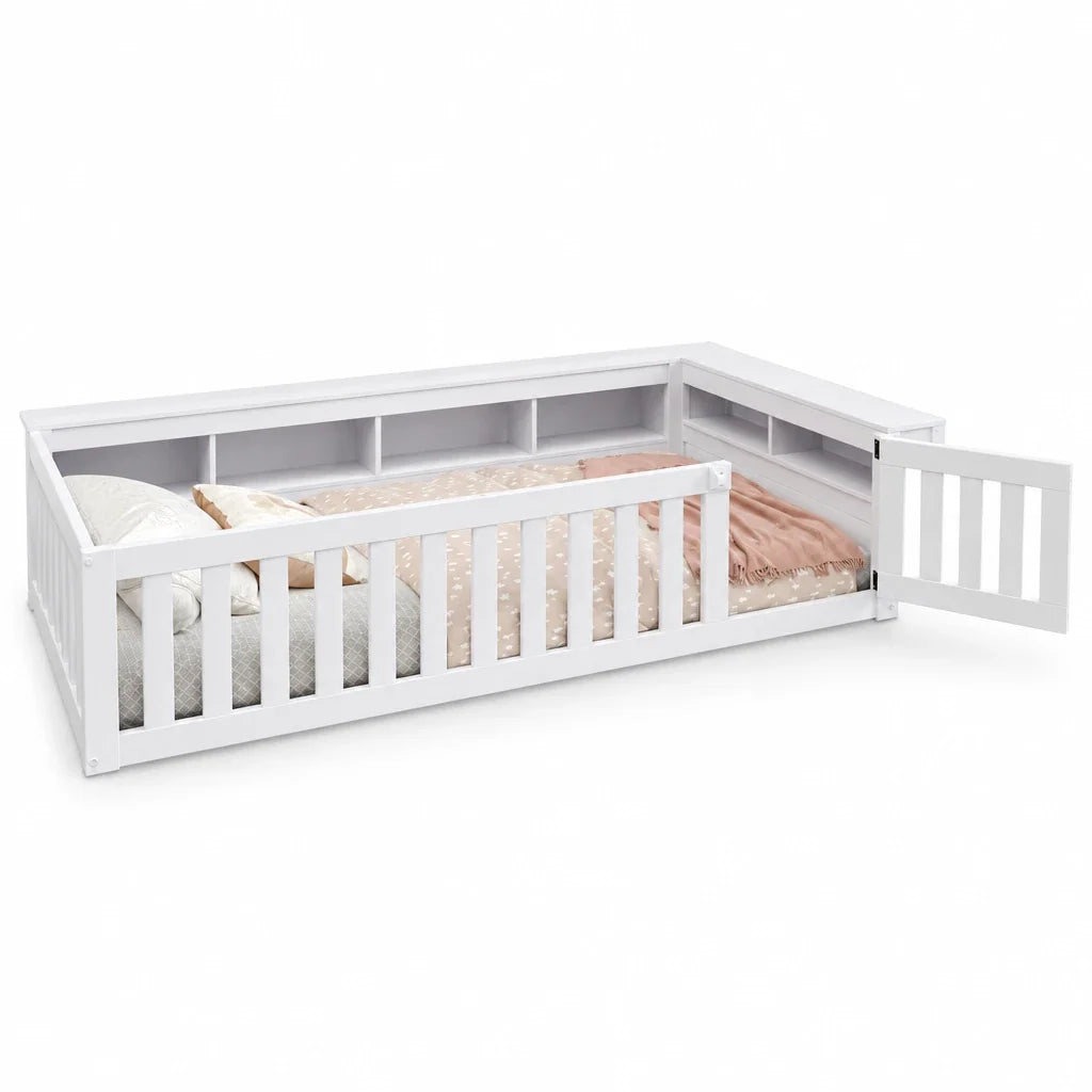 Lit enfant évolutif avec barrière et étagères Lilla Kids