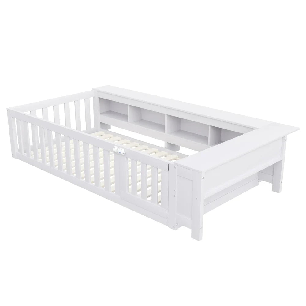 Lit enfant évolutif avec barrière et étagères Lilla Kids