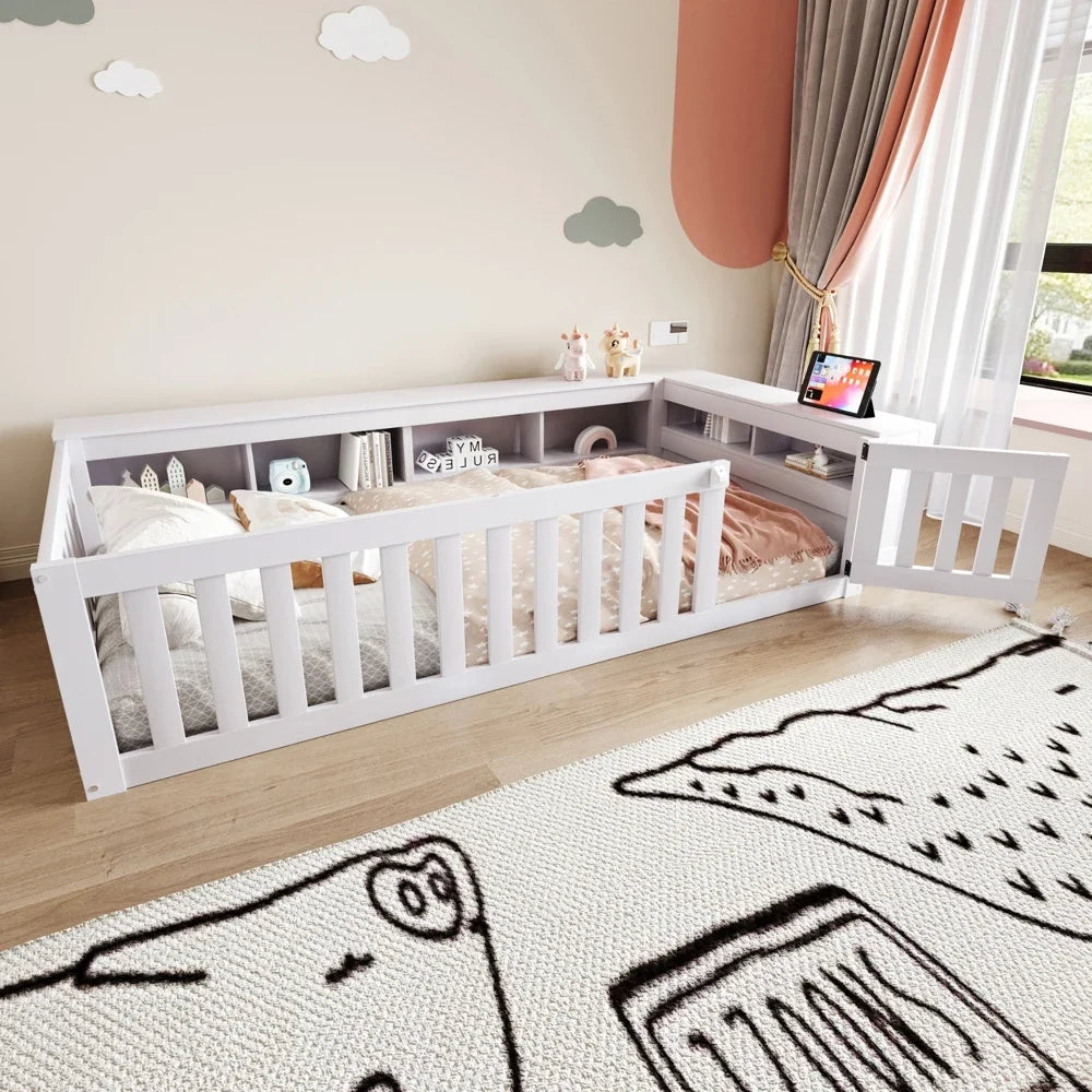 Lit enfant évolutif avec barrière et étagères Lilla Kids