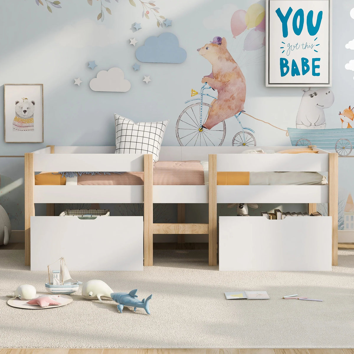 Lit mezzanine blanc et chêne tiroirs 90x200 Lilla Kids