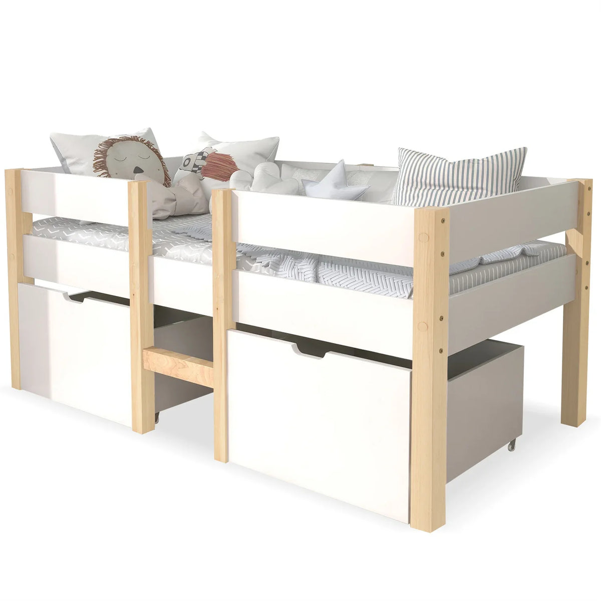 Lit mezzanine blanc et chêne tiroirs 90x200 Lilla Kids