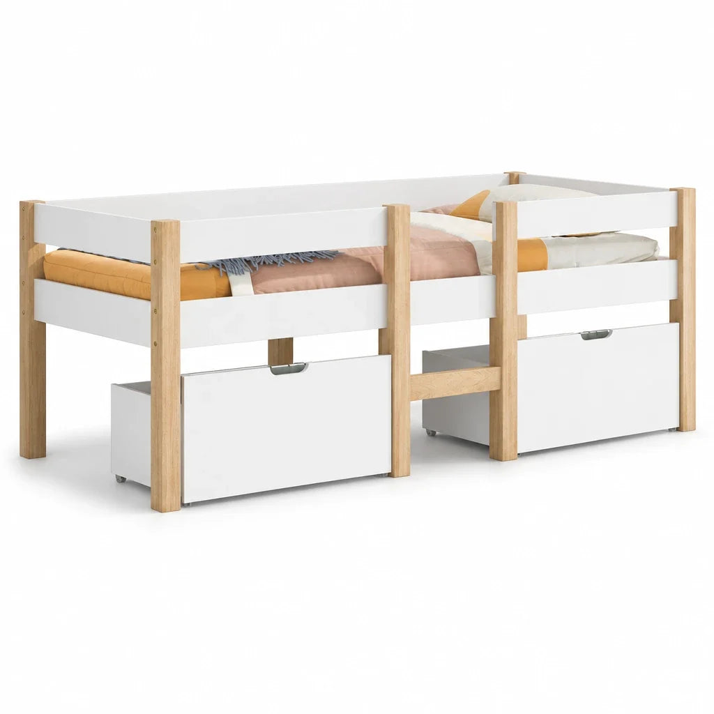 Lit mezzanine blanc et chêne tiroirs 90x200 Lilla Kids