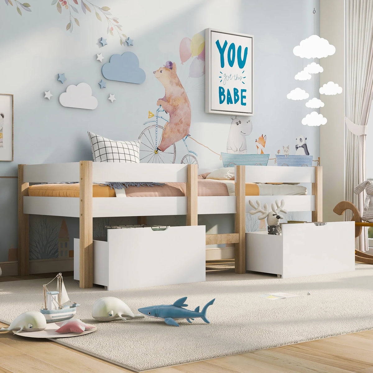 Lit mezzanine blanc et chêne tiroirs 90x200 Lilla Kids
