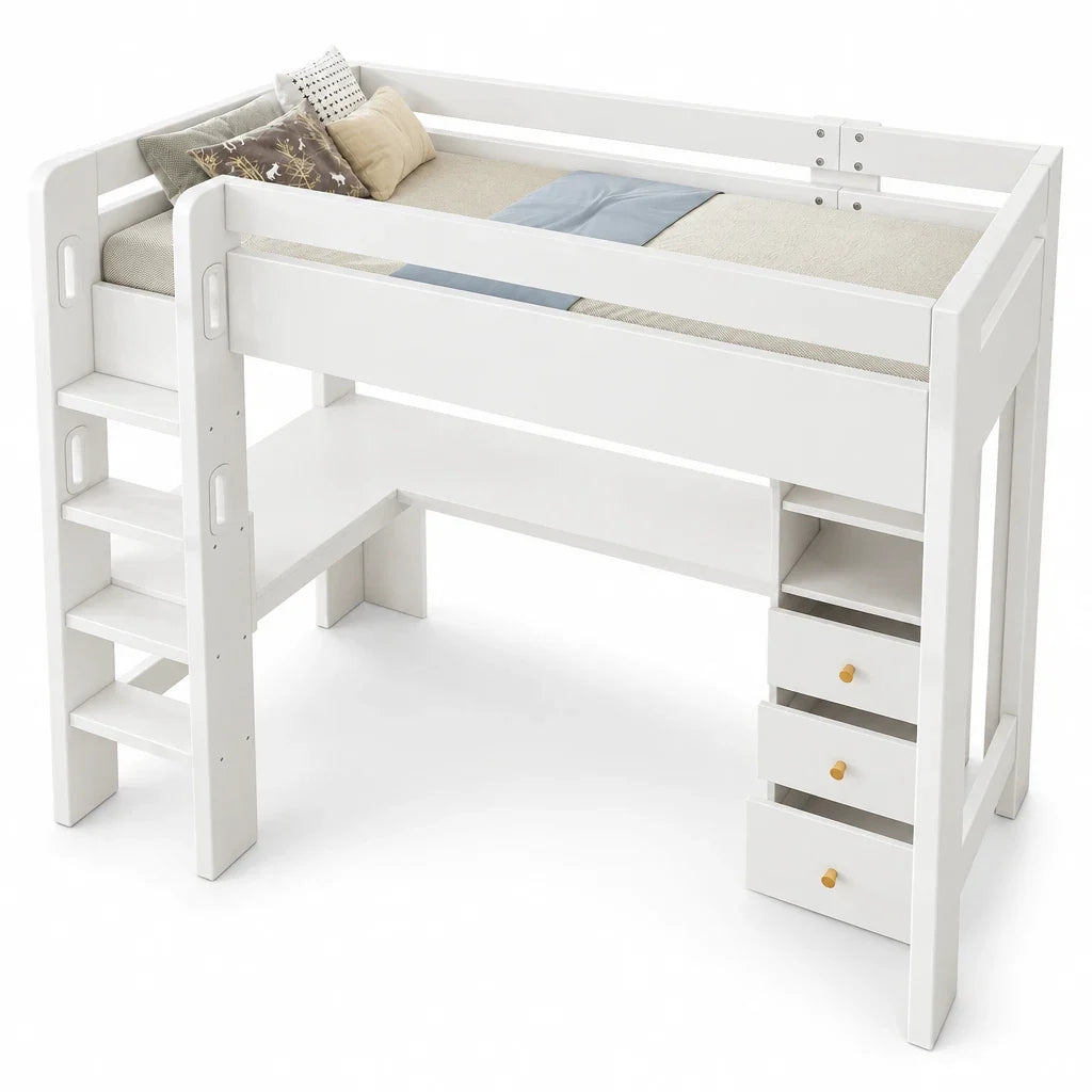 Lit mezzanine bureau d'angle USB et tiroirs 90x200 Lilla Kids