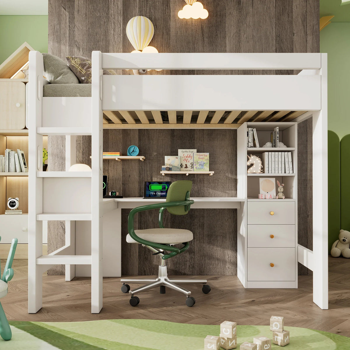 Lit mezzanine bureau d'angle USB et tiroirs 90x200 Lilla Kids