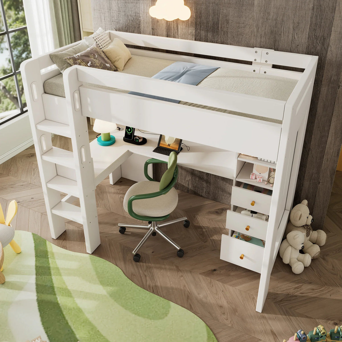 Lit mezzanine bureau d'angle USB et tiroirs 90x200 Lilla Kids