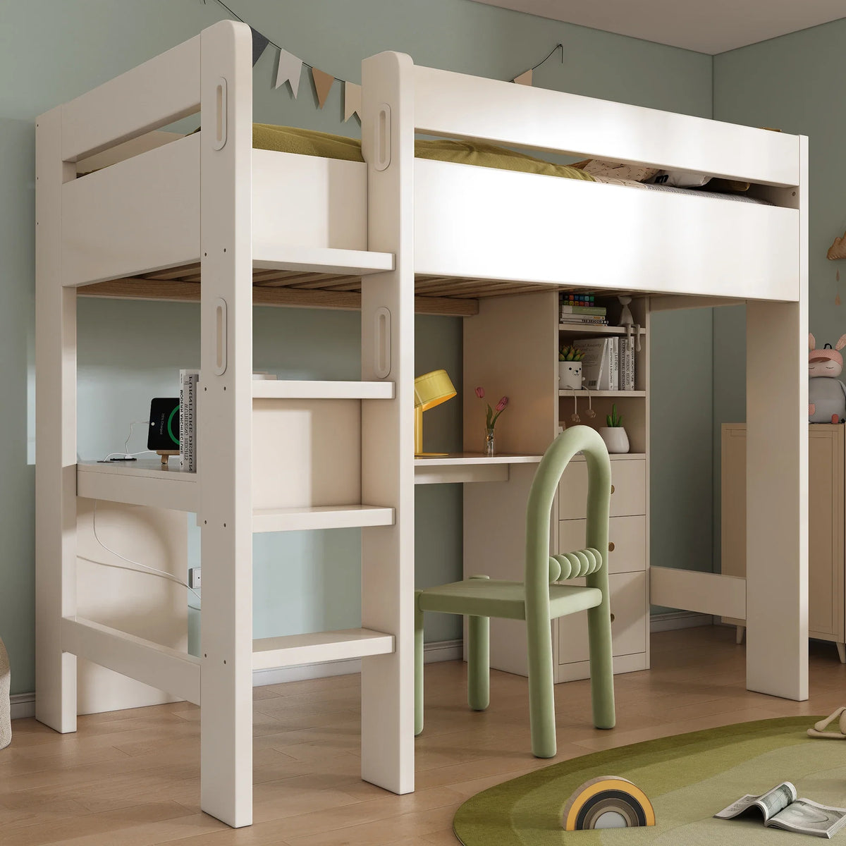 Lit mezzanine bureau d'angle USB et tiroirs 90x200 Lilla Kids