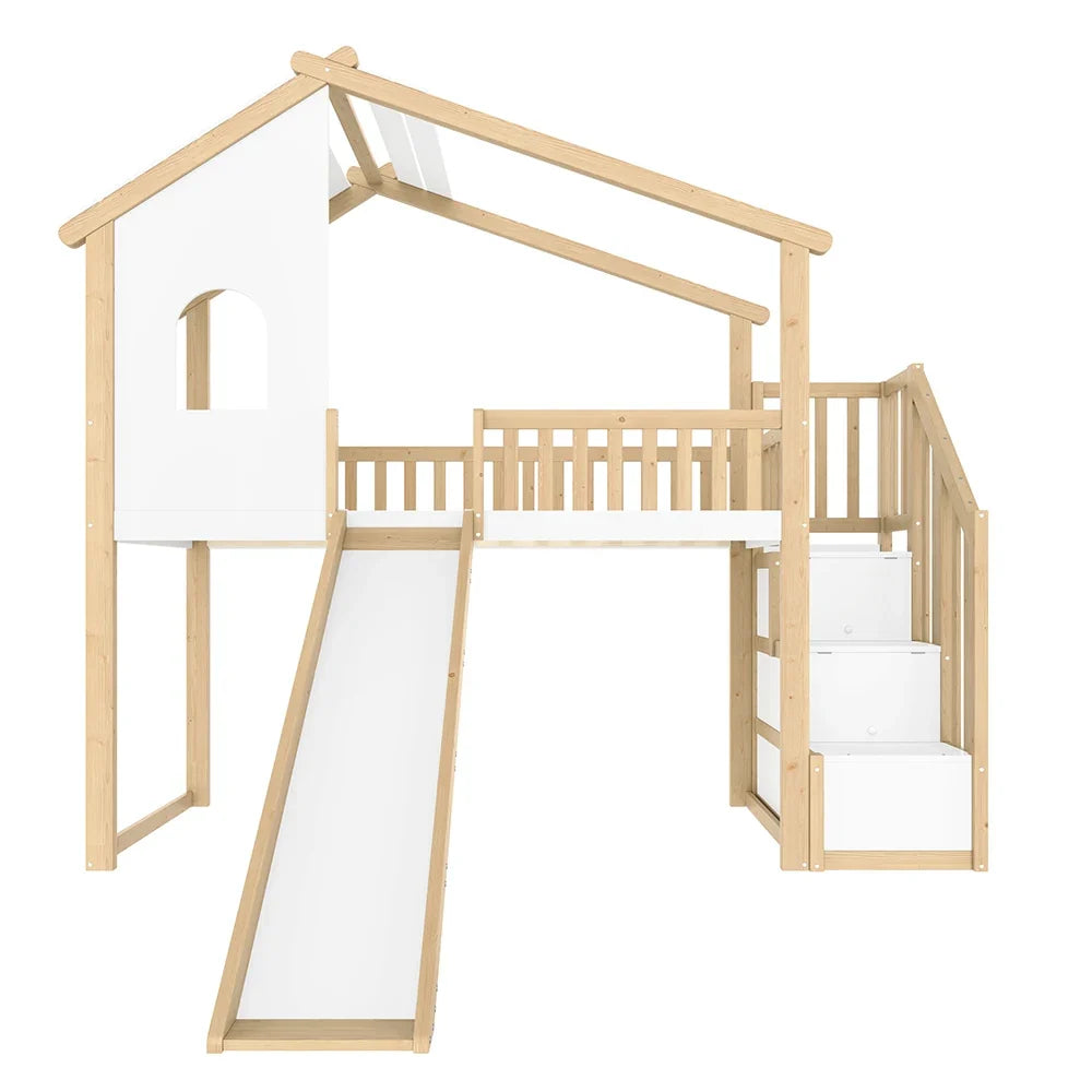 Lit mezzanine cabane toboggan bois et blanc 90x200 Lilla Kids