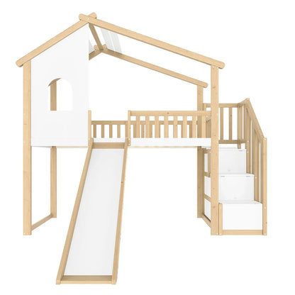 Lit mezzanine cabane toboggan bois et blanc 90x200 Lilla Kids