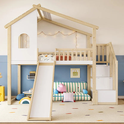 Lit mezzanine cabane toboggan bois et blanc 90x200 Lilla Kids