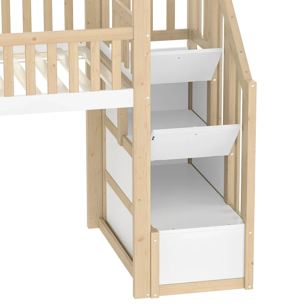 Lit mezzanine cabane toboggan bois et blanc 90x200 Lilla Kids