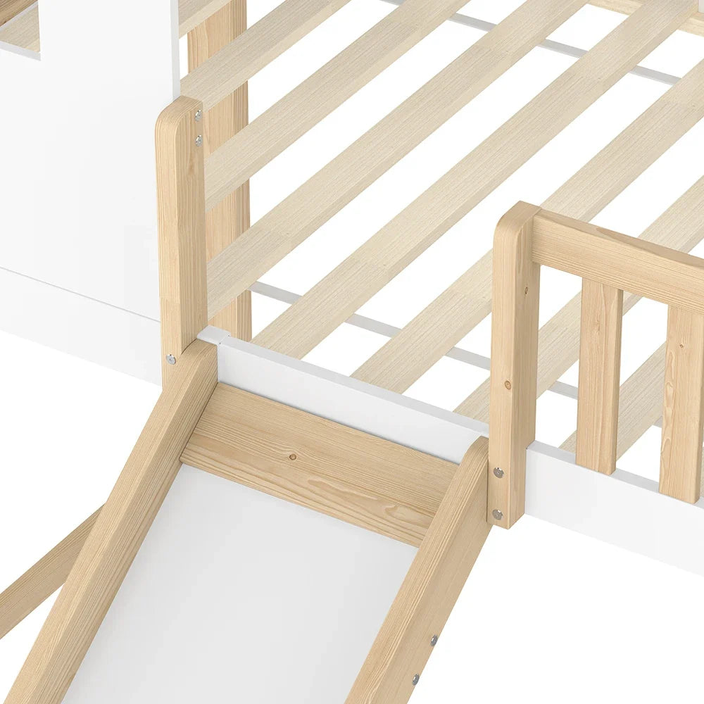 Lit mezzanine cabane toboggan bois et blanc 90x200 Lilla Kids