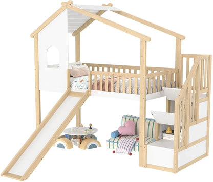 Lit mezzanine cabane toboggan bois et blanc 90x200 Lilla Kids