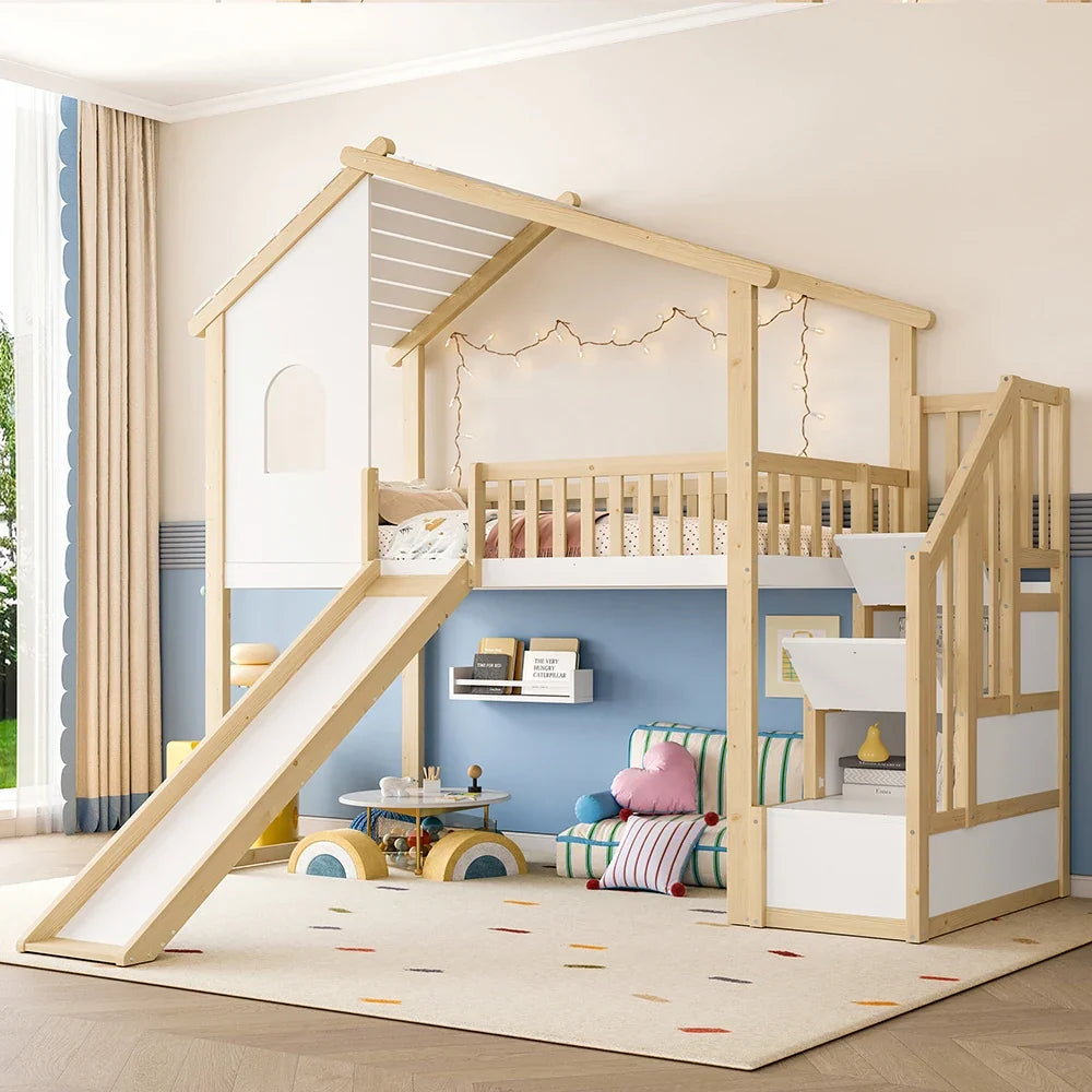 Lit mezzanine cabane toboggan bois et blanc 90x200 Lilla Kids