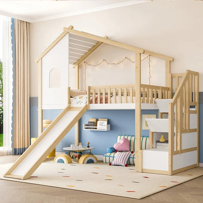 Lit mezzanine cabane toboggan bois et blanc 90x200 Lilla Kids