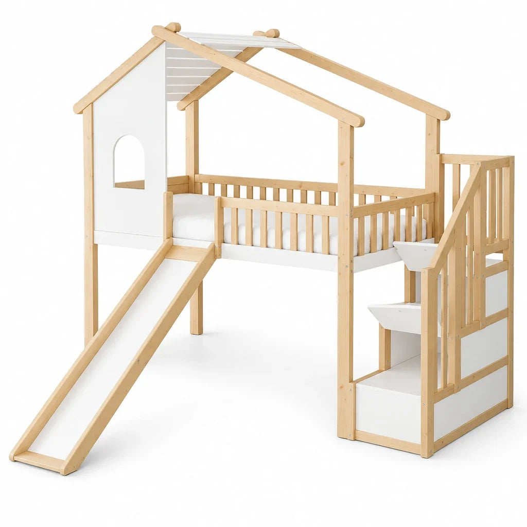 Lit mezzanine cabane toboggan bois et blanc 90x200 Lilla Kids