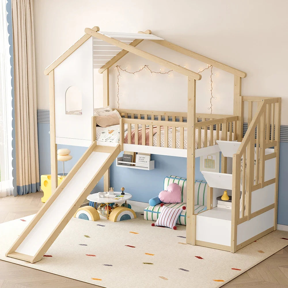 Lit mezzanine cabane toboggan bois et blanc 90x200 Lilla Kids