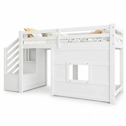 Lit mezzanine escalier fenêtre gain de place 90x200 Lilla Kids